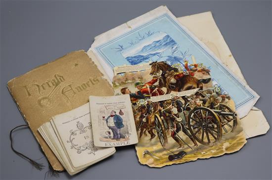 A part set of Victorian colour printed playing cards, a small quantity of postcards and cigarette cards and two items of ephemera